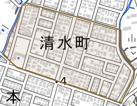 清水町とその周辺の地図。町の範囲を重ねている