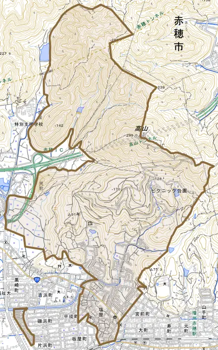 塩屋とその周辺の地図。町の範囲を重ねている