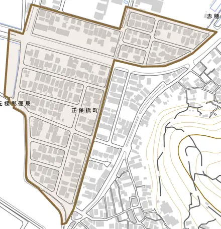 正保橋町とその周辺の地図。町の範囲を重ねている