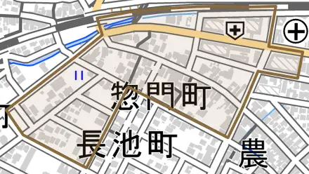 惣門町とその周辺の地図。町の範囲を重ねている