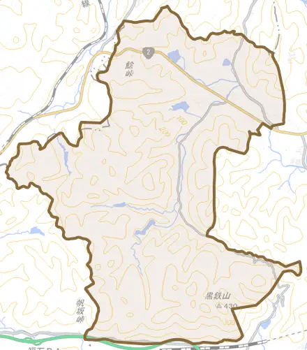 西有年とその周辺の地図。町の範囲を重ねている