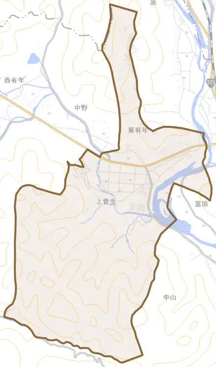 東有年とその周辺の地図。町の範囲を重ねている