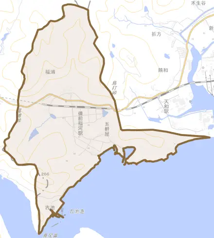 福浦とその周辺の地図。町の範囲を重ねている