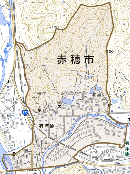 有年原とその周辺の地図。町の範囲を重ねている
