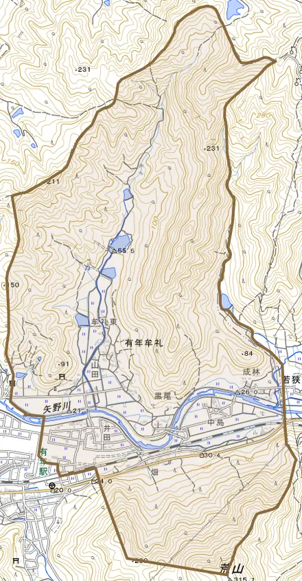 有年牟礼とその周辺の地図。町の範囲を重ねている