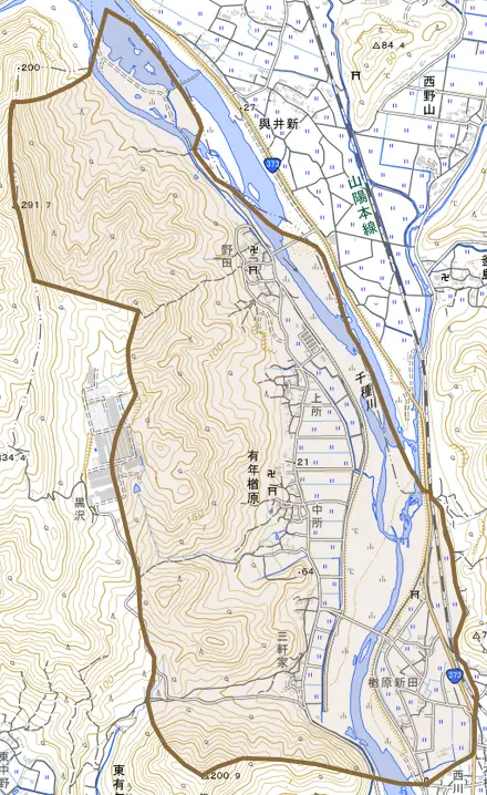 有年楢原とその周辺の地図。町の範囲を重ねている