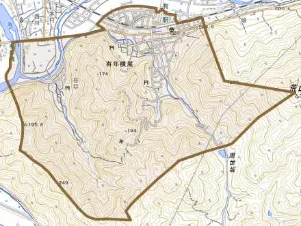 有年横尾とその周辺の地図。町の範囲を重ねている
