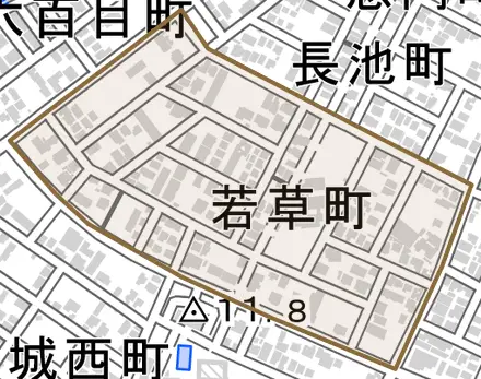 若草町とその周辺の地図。町の範囲を重ねている