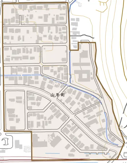 山手町とその周辺の地図。町の範囲を重ねている