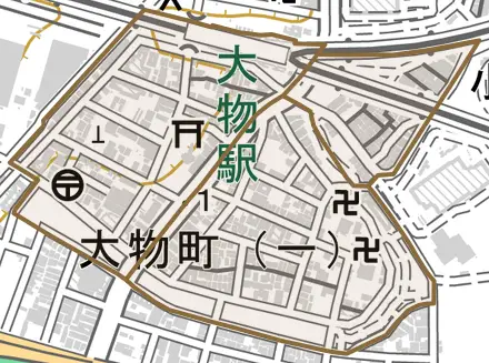 大物町とその周辺の地図。町の範囲を重ねている
