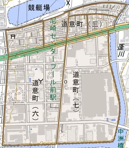 道意町とその周辺の地図。町の範囲を重ねている