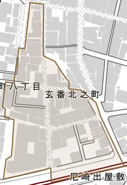 玄番北之町とその周辺の地図。町の範囲を重ねている