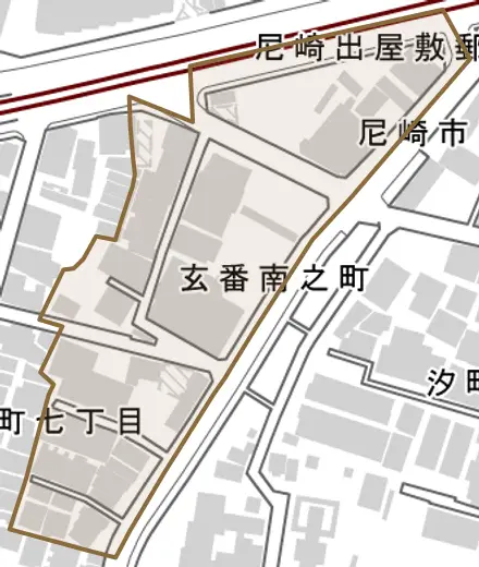 玄番南之町とその周辺の地図。町の範囲を重ねている