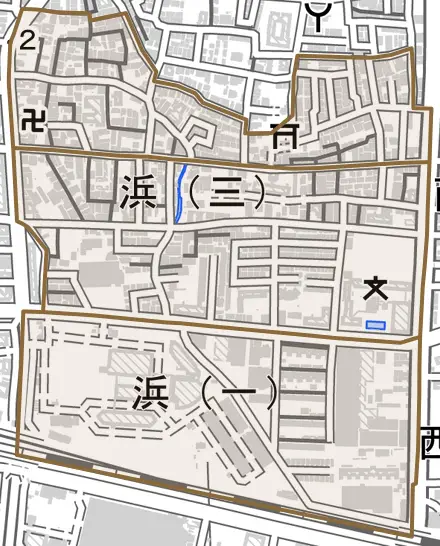 浜とその周辺の地図。町の範囲を重ねている