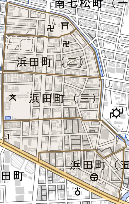 浜田町とその周辺の地図。町の範囲を重ねている