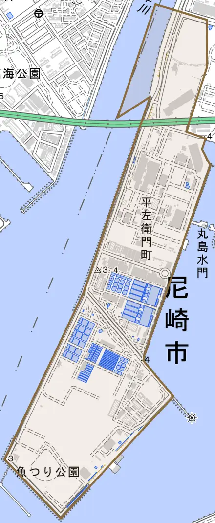 平左衛門町とその周辺の地図。町の範囲を重ねている