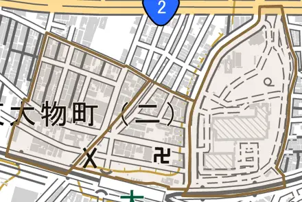 東大物町とその周辺の地図。町の範囲を重ねている