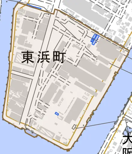 東浜町とその周辺の地図。町の範囲を重ねている