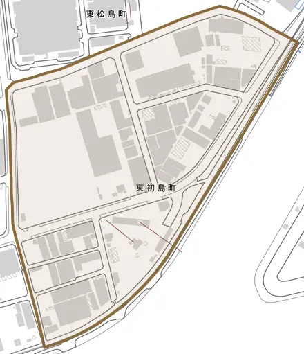 東初島町とその周辺の地図。町の範囲を重ねている