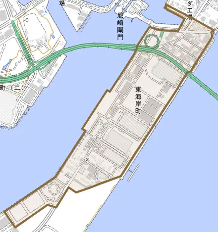 東海岸町とその周辺の地図。町の範囲を重ねている