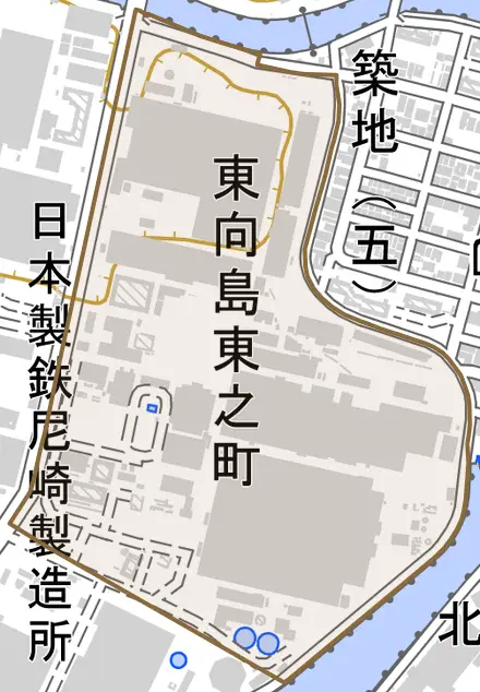 東向島東之町とその周辺の地図。町の範囲を重ねている