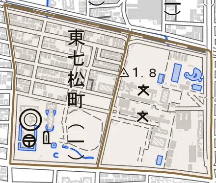 東七松町とその周辺の地図。町の範囲を重ねている
