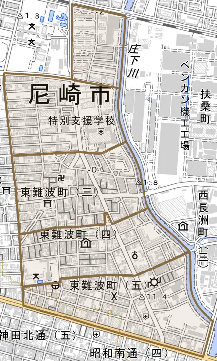 東難波町とその周辺の地図。町の範囲を重ねている