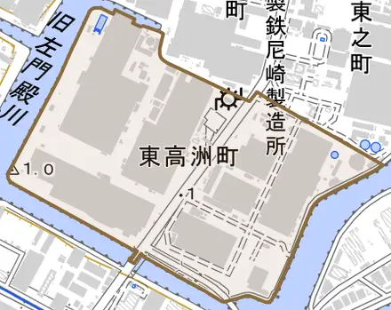 東高洲町とその周辺の地図。町の範囲を重ねている