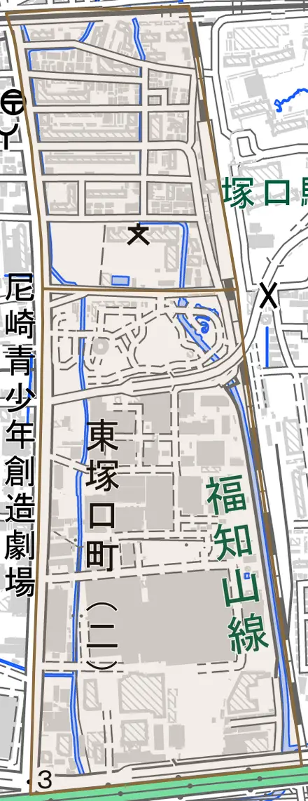 東塚口町とその周辺の地図。町の範囲を重ねている