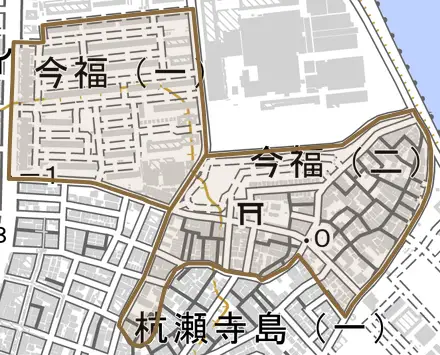 今福とその周辺の地図。町の範囲を重ねている