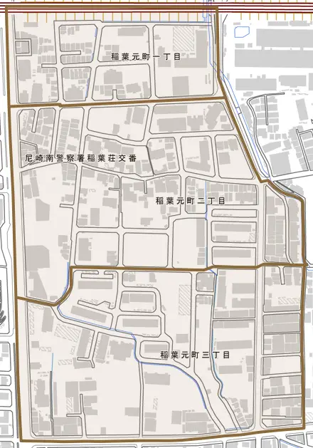 稲葉元町とその周辺の地図。町の範囲を重ねている