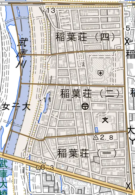 稲葉荘とその周辺の地図。町の範囲を重ねている