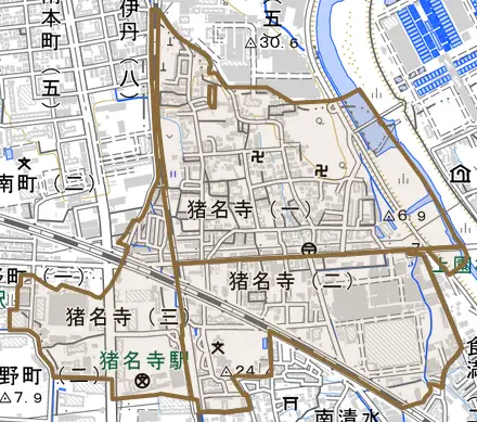 猪名寺とその周辺の地図。町の範囲を重ねている