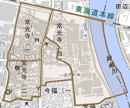 常光寺とその周辺の地図。町の範囲を重ねている