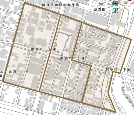 開明町とその周辺の地図。町の範囲を重ねている