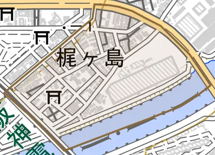 梶ケ島とその周辺の地図。町の範囲を重ねている