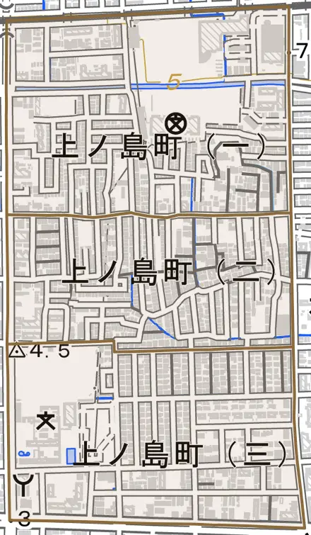 上ノ島町とその周辺の地図。町の範囲を重ねている