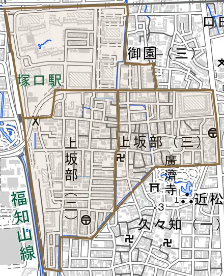 上坂部とその周辺の地図。町の範囲を重ねている