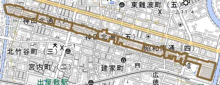 神田北通とその周辺の地図。町の範囲を重ねている