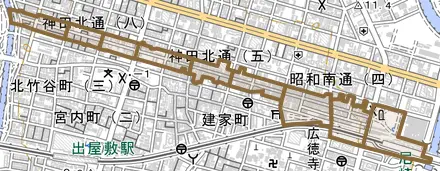 神田中通とその周辺の地図。町の範囲を重ねている