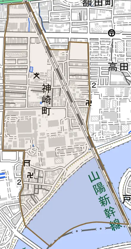 神崎町とその周辺の地図。町の範囲を重ねている