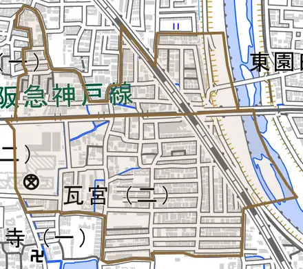 瓦宮とその周辺の地図。町の範囲を重ねている