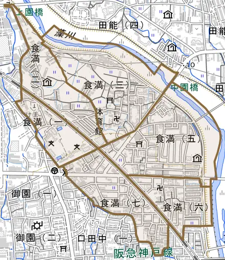食満とその周辺の地図。町の範囲を重ねている