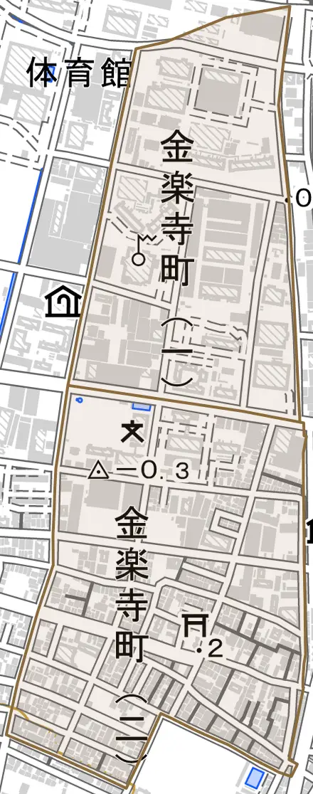 金楽寺町とその周辺の地図。町の範囲を重ねている