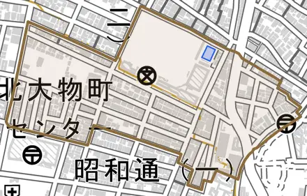 北大物町とその周辺の地図。町の範囲を重ねている