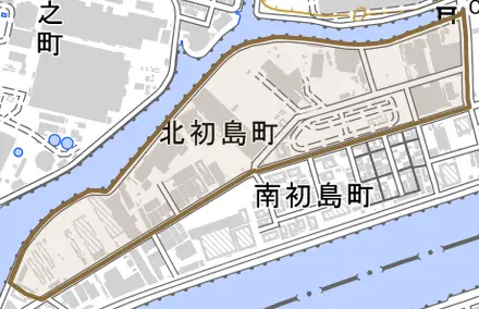 北初島町とその周辺の地図。町の範囲を重ねている