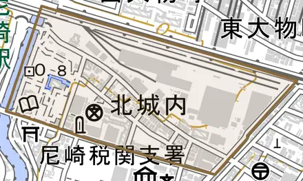北城内とその周辺の地図。町の範囲を重ねている