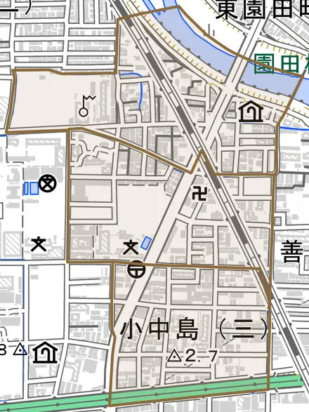 小中島とその周辺の地図。町の範囲を重ねている