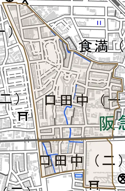 口田中とその周辺の地図。町の範囲を重ねている