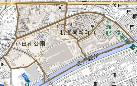 杭瀬南新町とその周辺の地図。町の範囲を重ねている